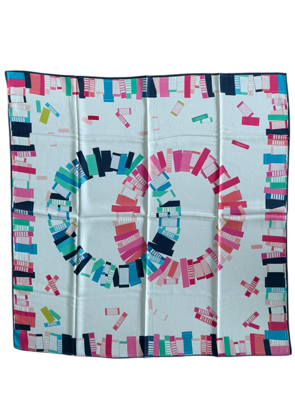 Luxury 90cm Silk Block Ring Silk Scarf - Pink, Teal & Navy